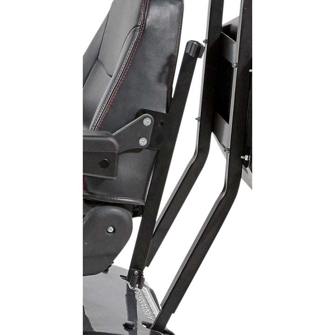 Close-up of Afikim Electric Vehicle Accessories: a black racing simulator seat with red stitching, adjustable metal frame, and mounting points. It offers comfort, safety, and stability with its sturdy base. Customization options provide a personalized experience.